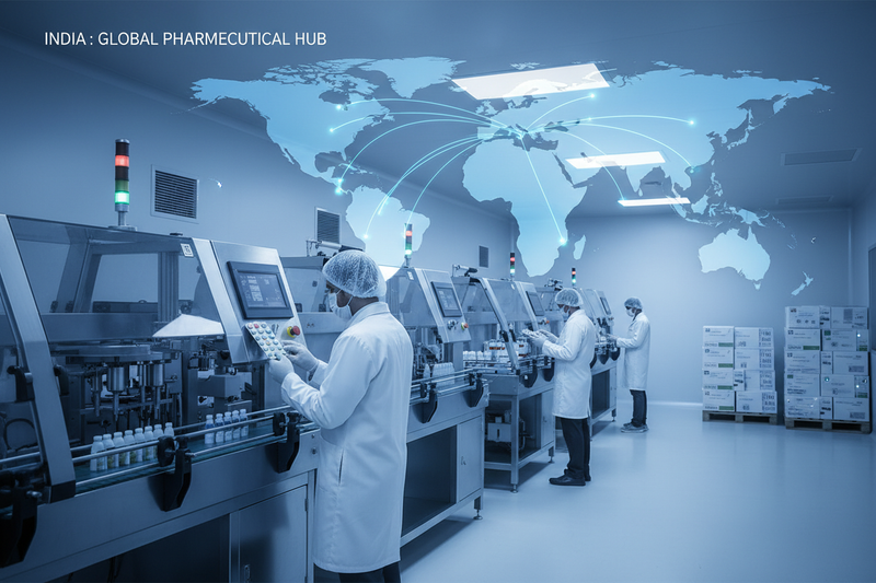 A hyper-realistic professional image showing India as a global pharmaceutical export hub. Modern pharmaceutical manufacturing facility with clean white interiors, scientists in lab coats working with medicines, tablets, capsules, syrups, and injectable vials. A subtle world map overlay with glowing export routes from India to Africa, Europe, Middle East, and Southeast Asia. Blue and white medical color palette, premium corporate healthcare style, high clarity, global business feel, ultra-HD, website hero im